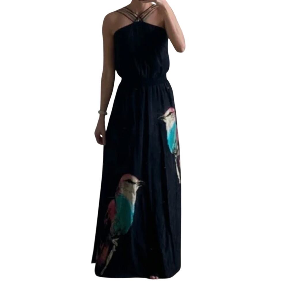 Leifs Dottir Anthropologie Black Halter 100% silk Bird print Maxi Dress Size 0